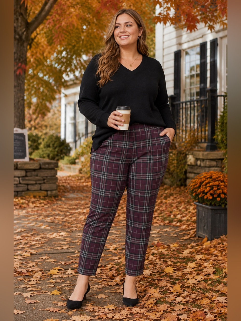 Molly & Isadora Plaid Pull-On Ankle Pants 26W Burgundy Gray Stretch Career